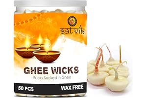 CRAFTSMAN SATVIK 50 Pc Pure Ghee Wicks for Puja (Upto 30 Mins) Pooja Home and Mandir. Nitya Pujan Readymade Ghee DiyaJyoti Pujan Indian Housewarming Return Gift Items Accessories. Diwali Cotton Wicks
