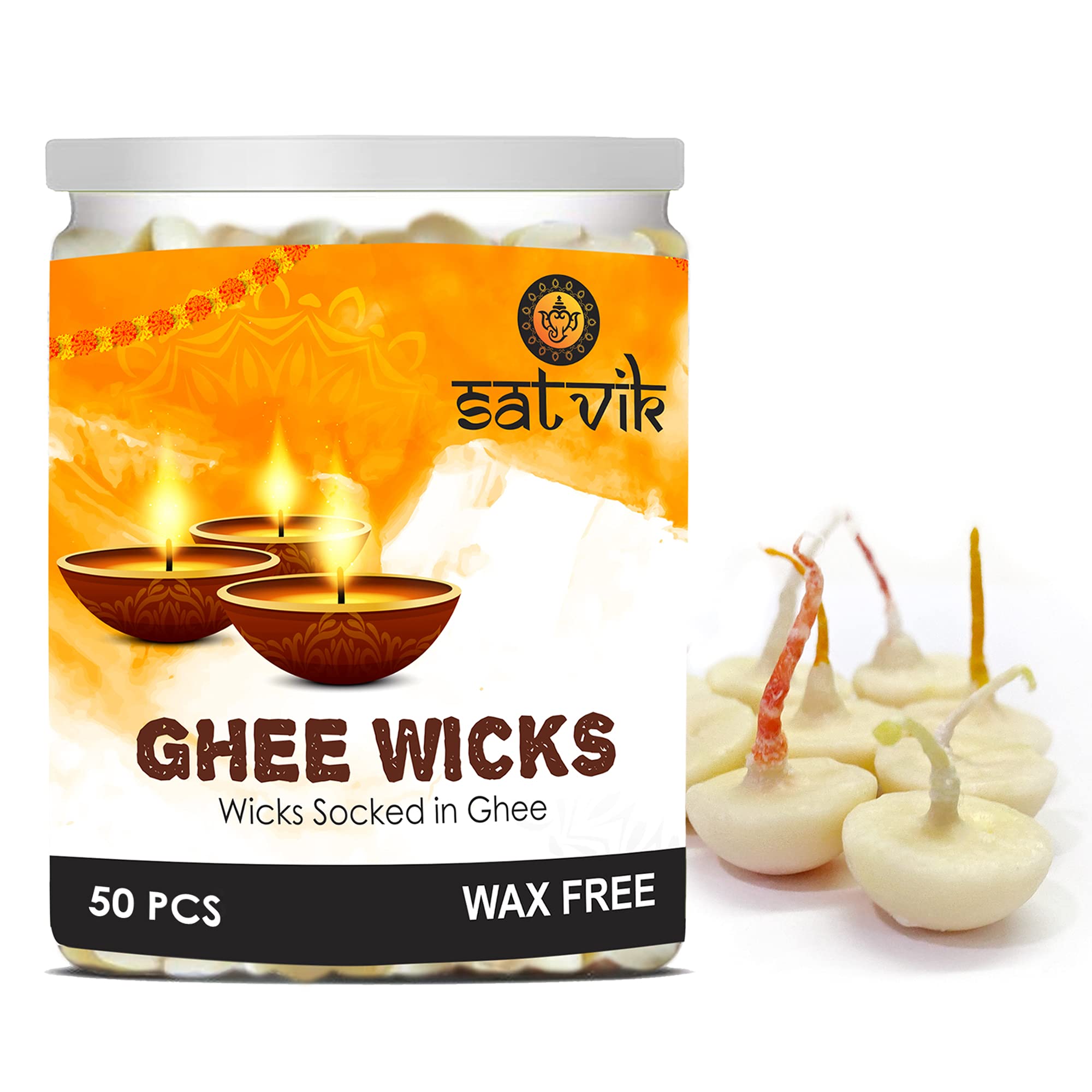SATVIK Pure Ghee Wicks for Puja Pooja for Home and Mandir. Nitya Pujan Readymade Ghee Jyot Jyoti Pujan Indian Housewarming Return Gift Items Puja Accessories. Diwali Diya Cotton Wicks (50 Pc)