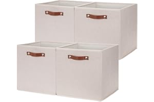 HNZIGE Foldable Storage Cubes Bins for Organizing, Set of 4, Fabric Cube Canvas Storage Bins 11 x11, Collapsible Bins for Organization with Handles for Shelf Nursery(Beige)