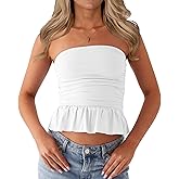 CSDAJIO Ruched Tube Tops for Women Double Lined Strapless Shirt Going Out Bubble Hem Ruffle Bandeau Top