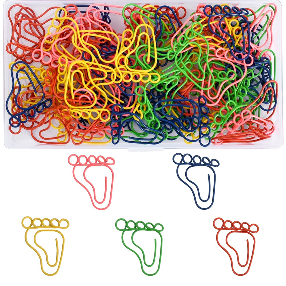 100Pcs Rainbow Creative Footprint Paper Clips Assorted Colors Cute Metal Footmark Shaped Bookmark Clips for Party Invitation Card Teacher Gift Notebook Office Accessories Document Organization