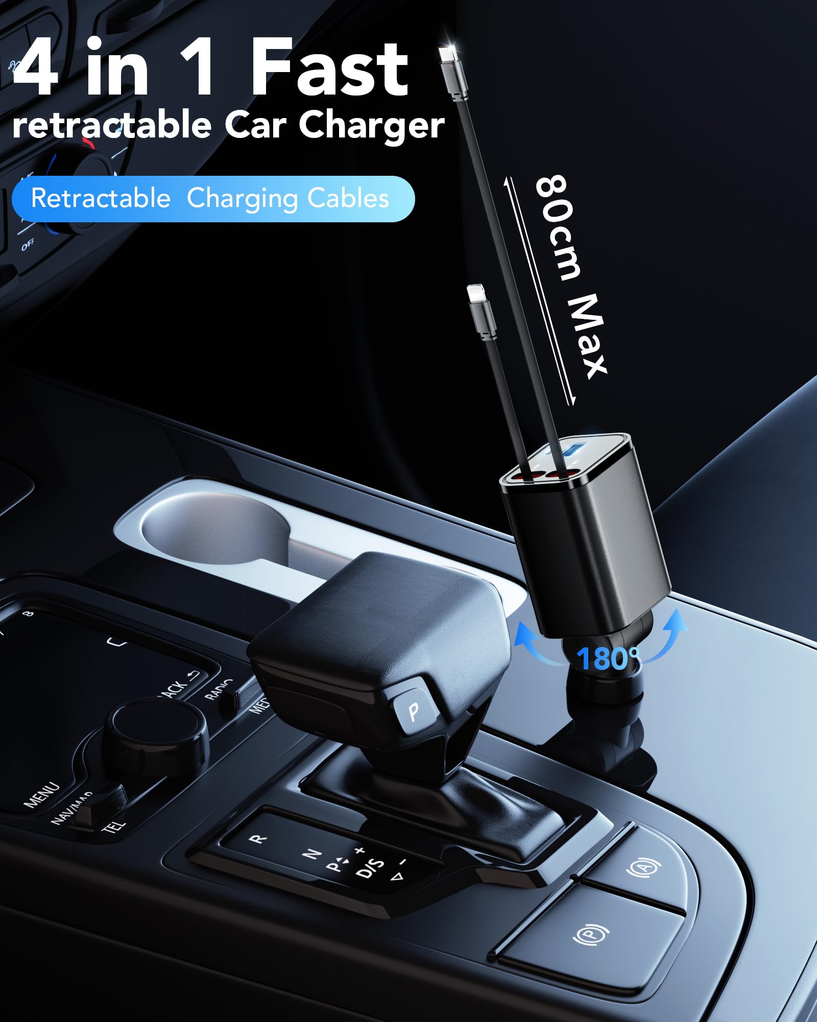 4 in 1 Einziehbares Auto Ladegerät mit Kabel Zigarettenanzünder USB 3