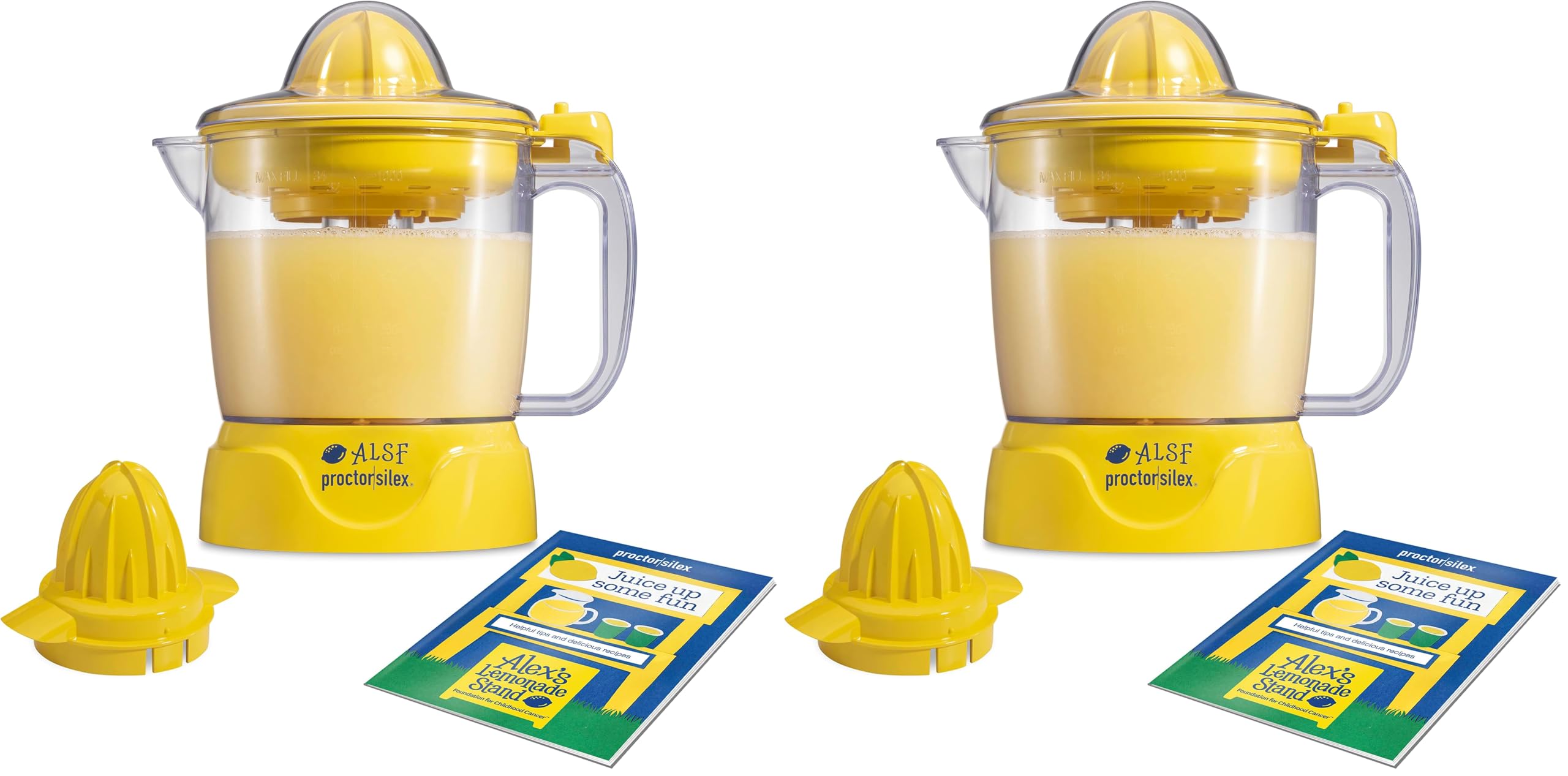 Proctor Silex Alex's Lemonade Stand Electric Citrus Juicer Machine, Large 34 oz. Pitcher, Pressure Activated, for Lemons, Limes and Oranges, 34 oz, Includes 2 Reamers & Recipe Book, Yellow (66341) Image