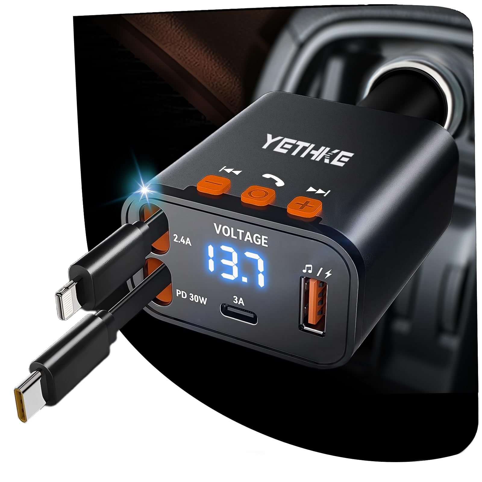 Bluetooth Car Adapter with Retractable Charger, FM Transmitter Bluetooth 5.4 for Cars, 4 in 1 Fast Car Phone Charger 69W, Handsfree Call, 2*Retractable Cable for iPhone 17/16/15/14, Galaxy-Black