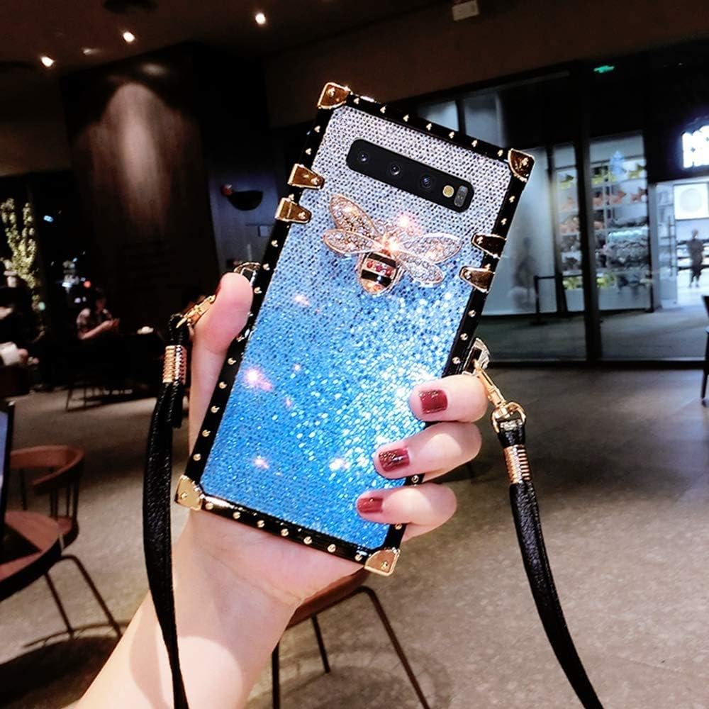 Compatible for Samsung Note 10 Plus/Note 10+ 5G Case, Babemall Premium Gradient Glitter Sparkle Metal Four Corner Protective Classic Crossbody Strap Case - Blue Gradient