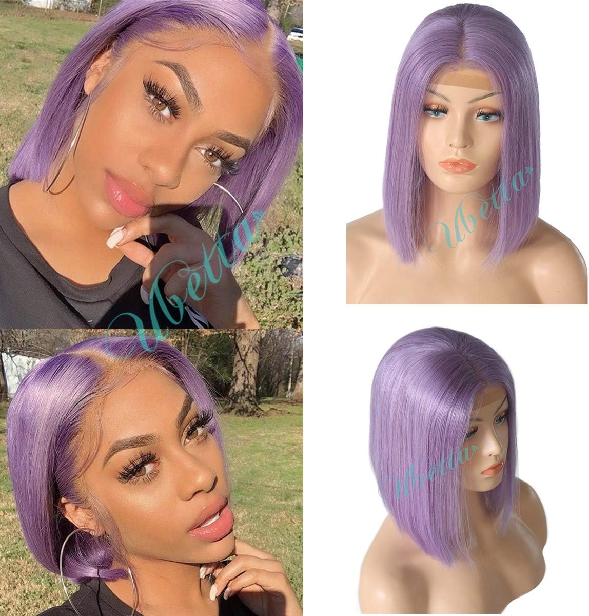 13x6 Deep Part Short Bob Lace Front Wig Purple/Lila Brazilian Virgin Human Hair Straight Glueless Lace Wig for Black Women Pre Plucked Bleached Knots 150% Density Colored Cut Bob Wig with Baby Hair 8"
