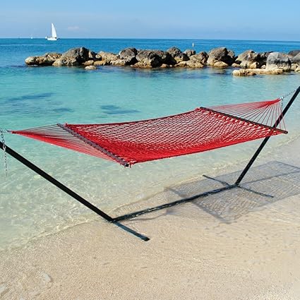 Oak N Oak Comfortable Sleeping Hanging Hammock/Poly Terracotta Rope Hammock Swing/Outdoor Hammock Furniture/Rope Hammock with Steel Stand for Home Patio Garden, Beach, Camping & Leisure Backyard - Single Person Use