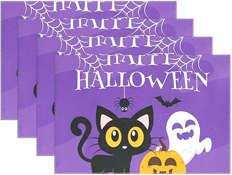 Amazon ハロウィン猫の頭蓋骨しわになりにくい皿パッド滑り防止水洗 耐熱 いできるレストランの食卓を飾ることができます 4pcs ランチョンマット オンライン通販