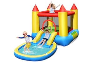Costzon Inflatable Bounce House with Slide, 2-in-1 Kids Jumping Castle with Water Pool & Ball Pit for Littles, Wet Dry Water Bounce House Inflatables for Kids Outdoor Backyard Party Gifts