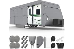 XGear Travel Trailer RV Cover 16'-18' Extra-Thick 7 Layers Camper Cover Windproof Upgrade Trailer Cover Rip-Stop RV Covers with Repair Patches, 2Pcs Extra Straps & 4 Tire Covers