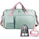 Ebbniur Large Weekender Overnight Bag with Shoes Compartment, Personal Tote for Women or Men, Waterproof Carry-on with Clear Cosmetic & Shoe Bags, 3Pcs Set (Green+Pink)