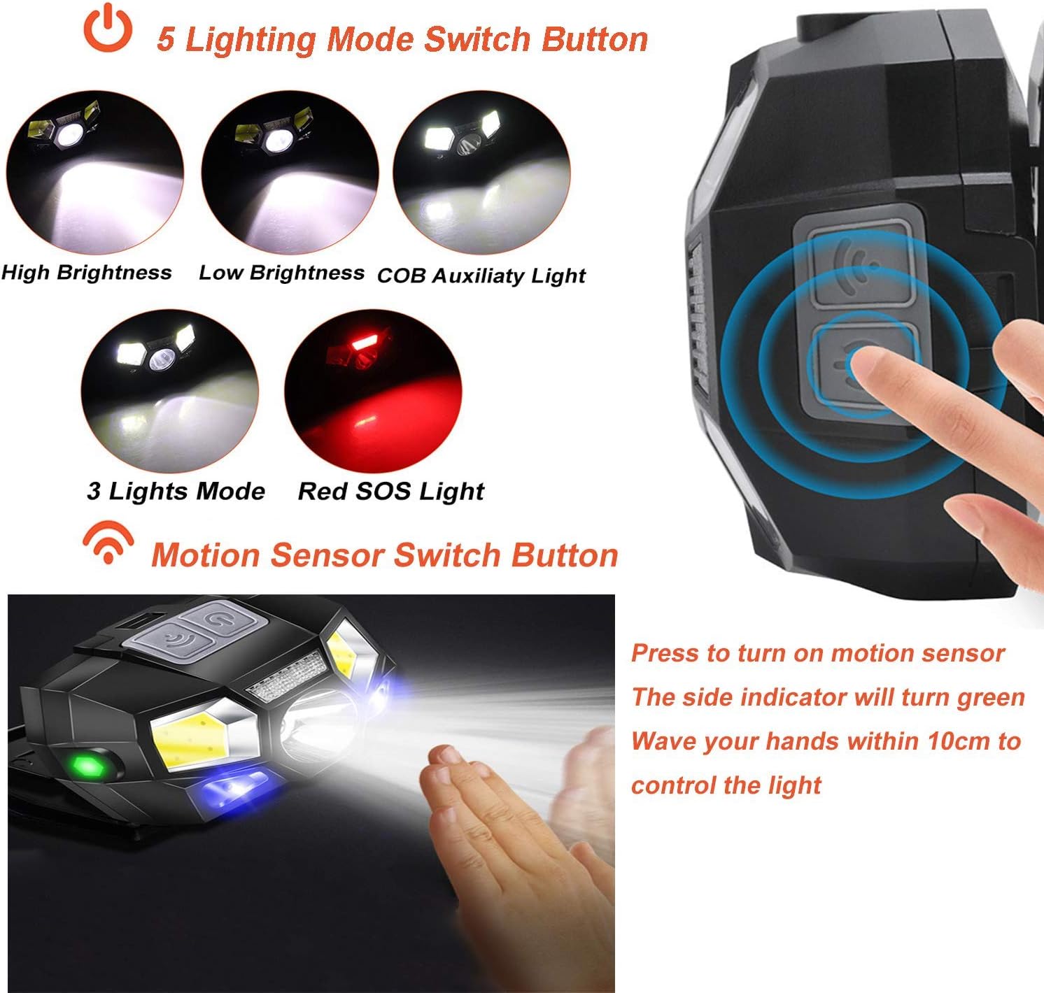 2Packs LED Headlamp Rechargeable USB Flashlights, 800 Lumens Head Lamp Headlight Headlamps with Red Light and Motion Sensor for Adults Kids, Waterproof, 5 Lighting Modes, for Running Hiking Camping - - 