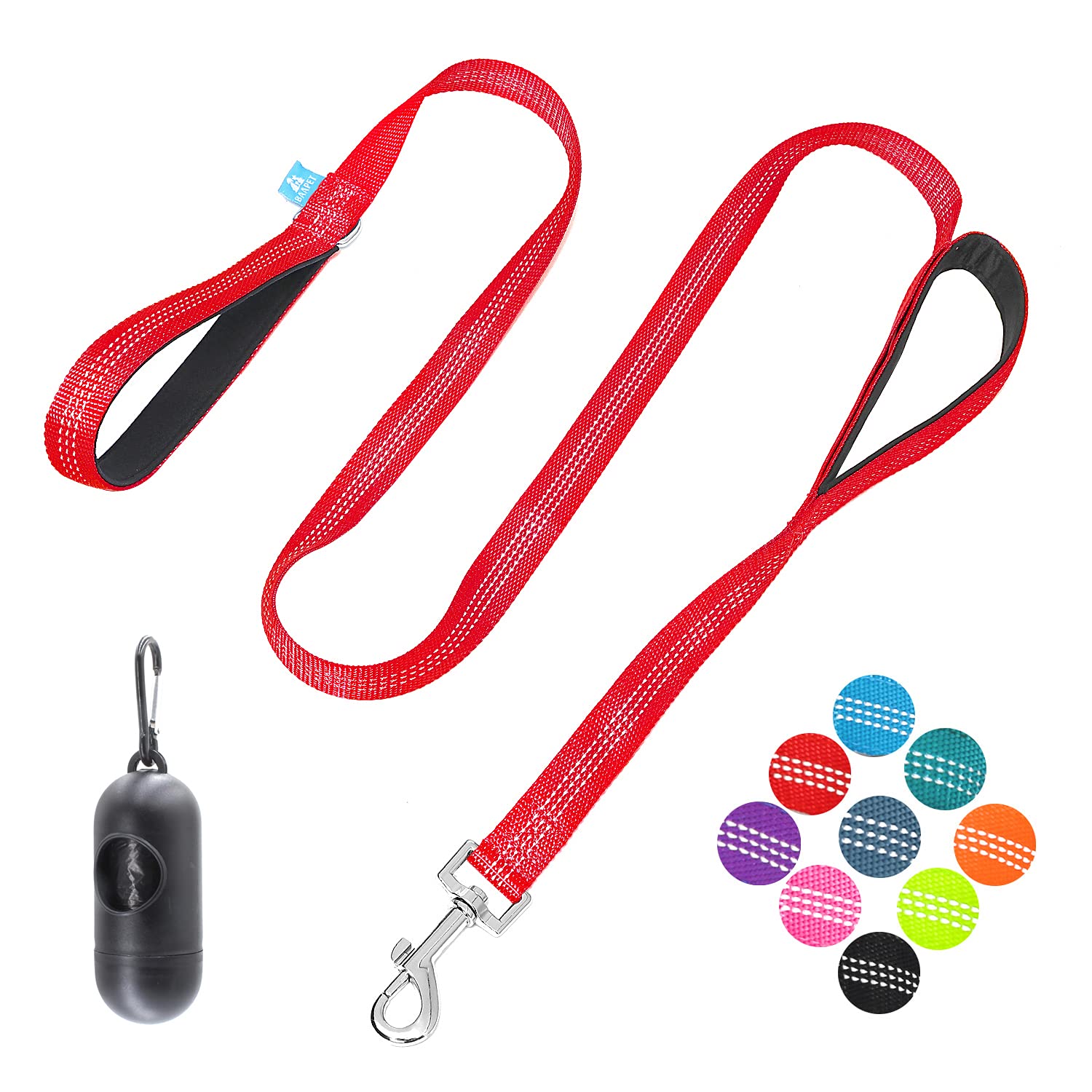 BAAPET Two Handle Dog Leash, Dual Soft Padded Handles with Traffic Control Handle Leash for Small Medium or Large Dogs (1.0'' x 5 FT, Red)