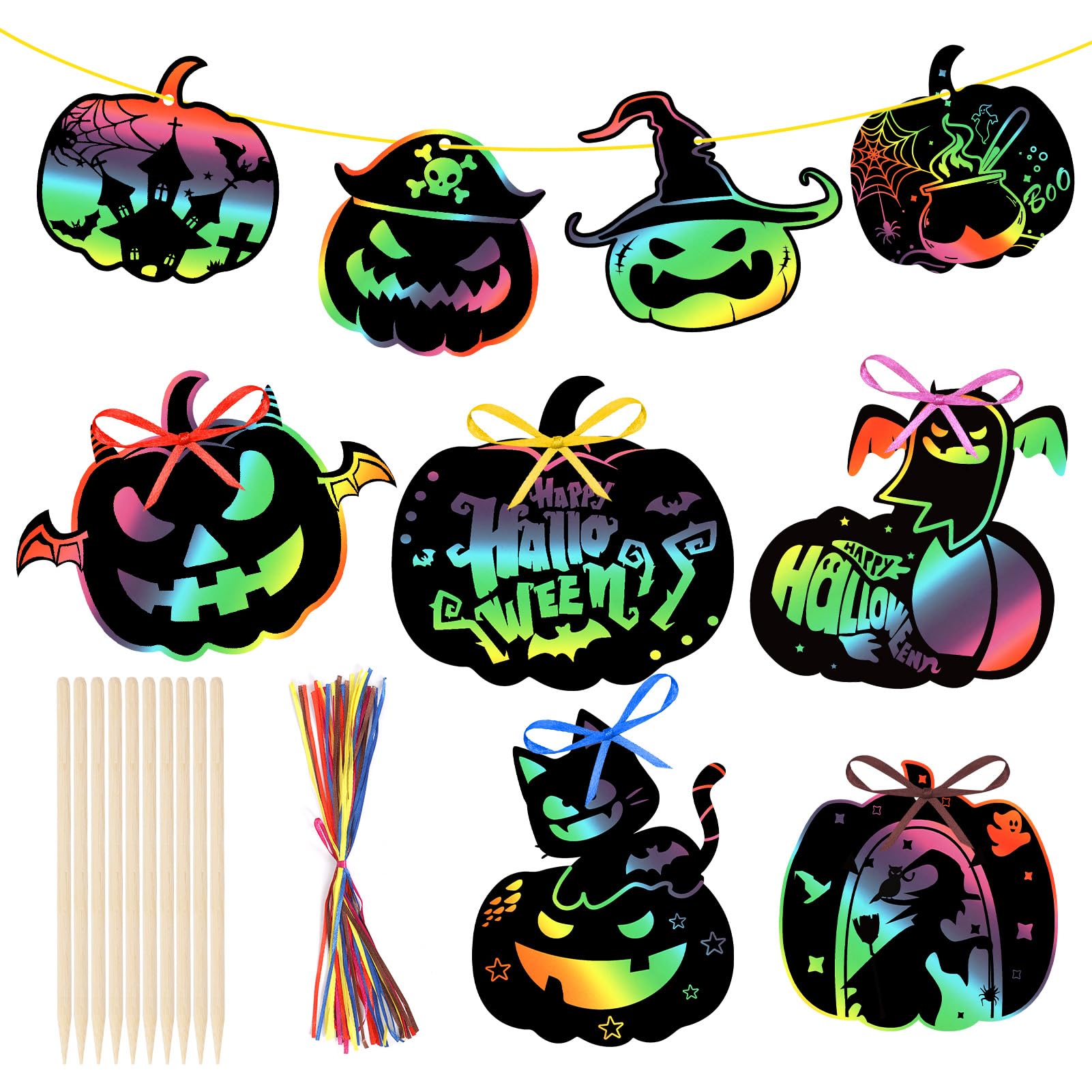 HOWAF 36 Pieces Halloween Scratch Art Kit, Pumpkin Black Sheets for Scratches, Crafts and Gadgets for Children, Fillers Bags and Gifts