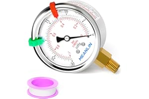 MEANLIN MEASURE -30inHG~0Psi Vacuum Pressure Gauge 1/8" NPT 2.5" FACE DIAL, Stainless Steel Liquid Filled Pressure Gauge WOG Water Oil Air Lower Mount (with 2PCS Snaps)