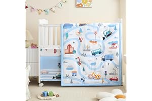 NacoMoco 3-Piece Crib Bedding Set for Boys Girls - Soft & Skin Friendly Baby Bedding Set Includes Crib Comforter, Sheet & Crib Skirt (Light Blue)