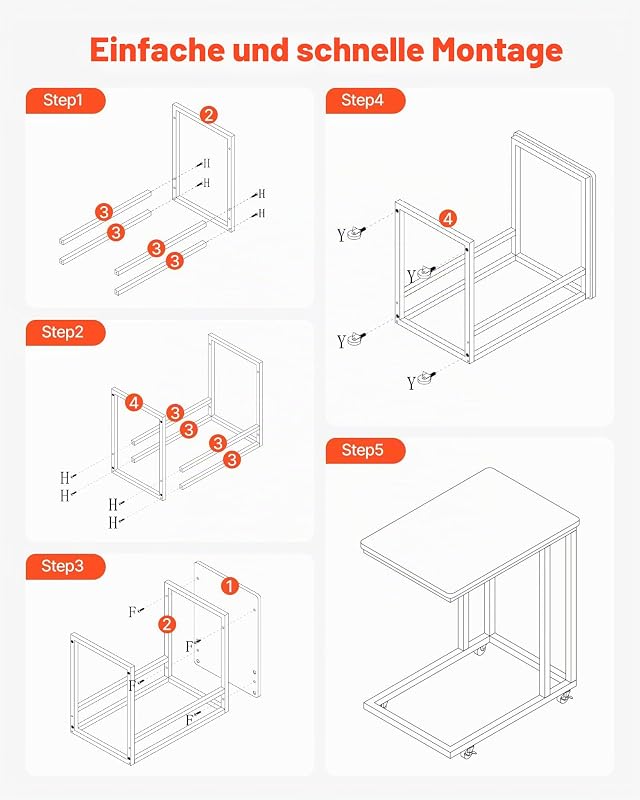 Beistelltisch Kaffeetisch mit Metallrahmen rollbar, C-förmiger Couchtisch für Wohnzimmer Schlafzimmer Büro 500 x 350 x 605 mm TV-Tablett, Wohzimmertisch Sofatisch Braun und Schwarz