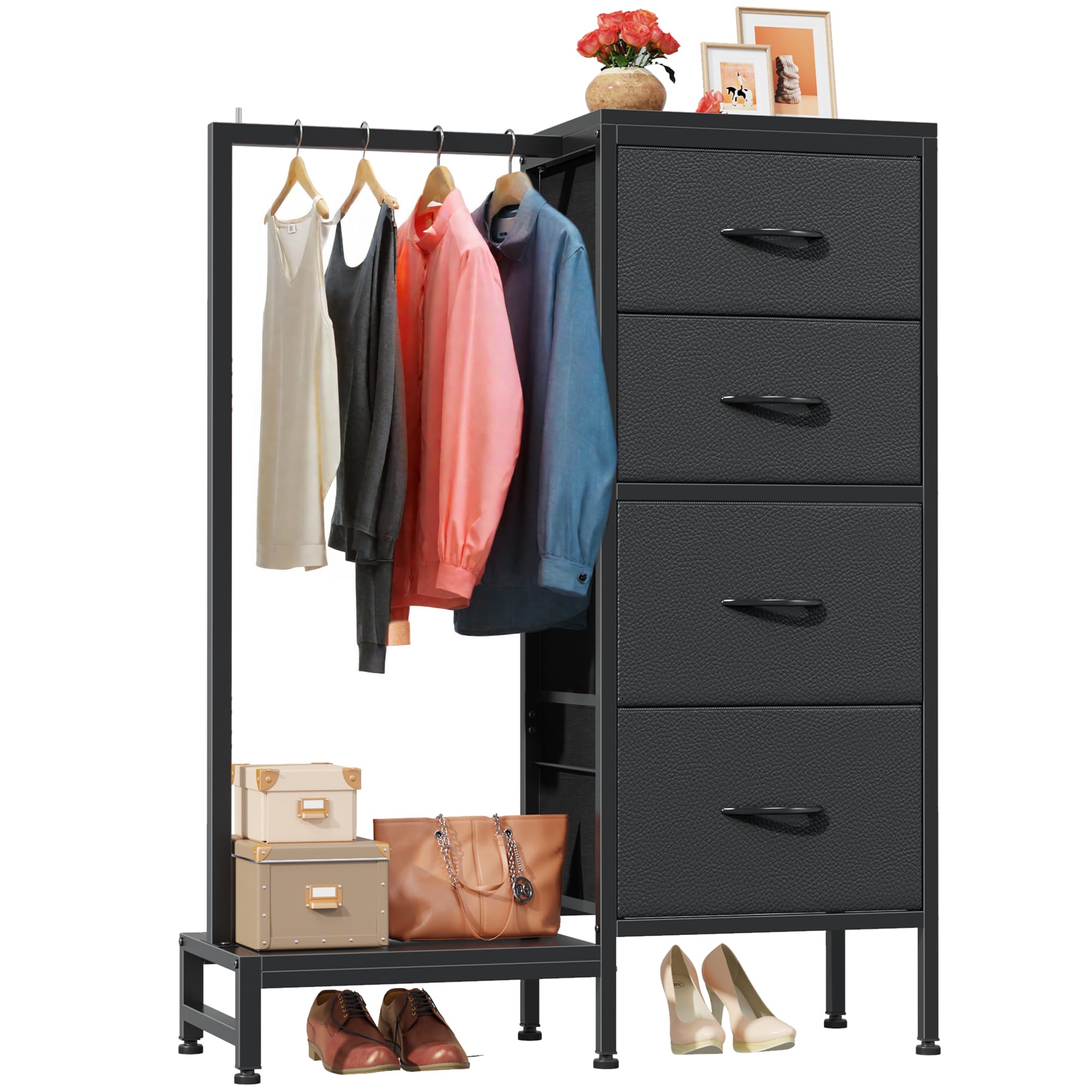Photo 1 of HIGDBFE Dresser with Hanging Rack, 4 Drawers Small Closet for Bedroom, Reversible Fabric Kids Chest of Drawers with Clothes Rack, Tall Storage Tower, Sturdy Frame, Black, 44''H