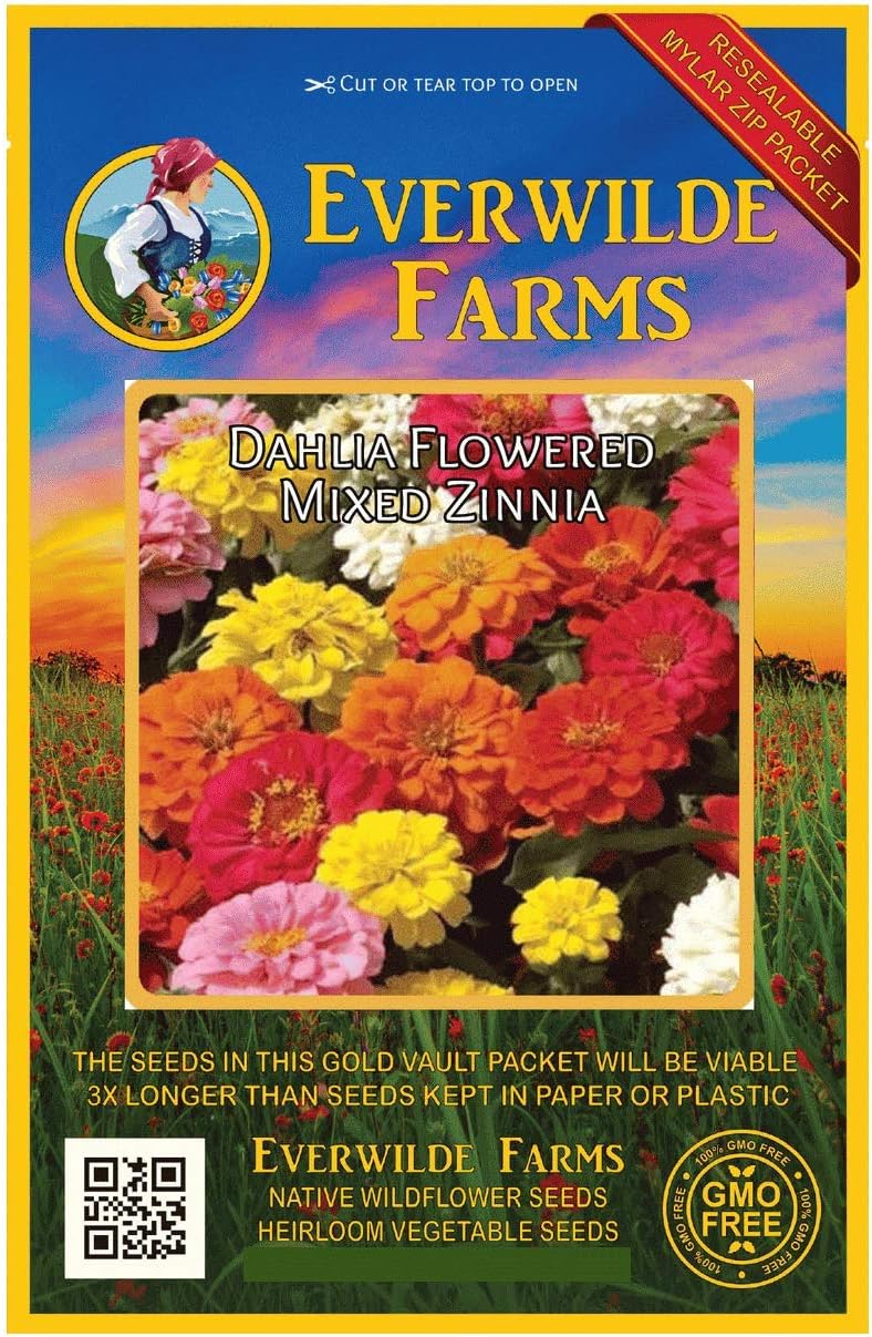 Everwilde Farms - 200 Dahlia Flowered Mix Zinnia Wildflower Seeds - Gold Vault Jumbo Seed Packet