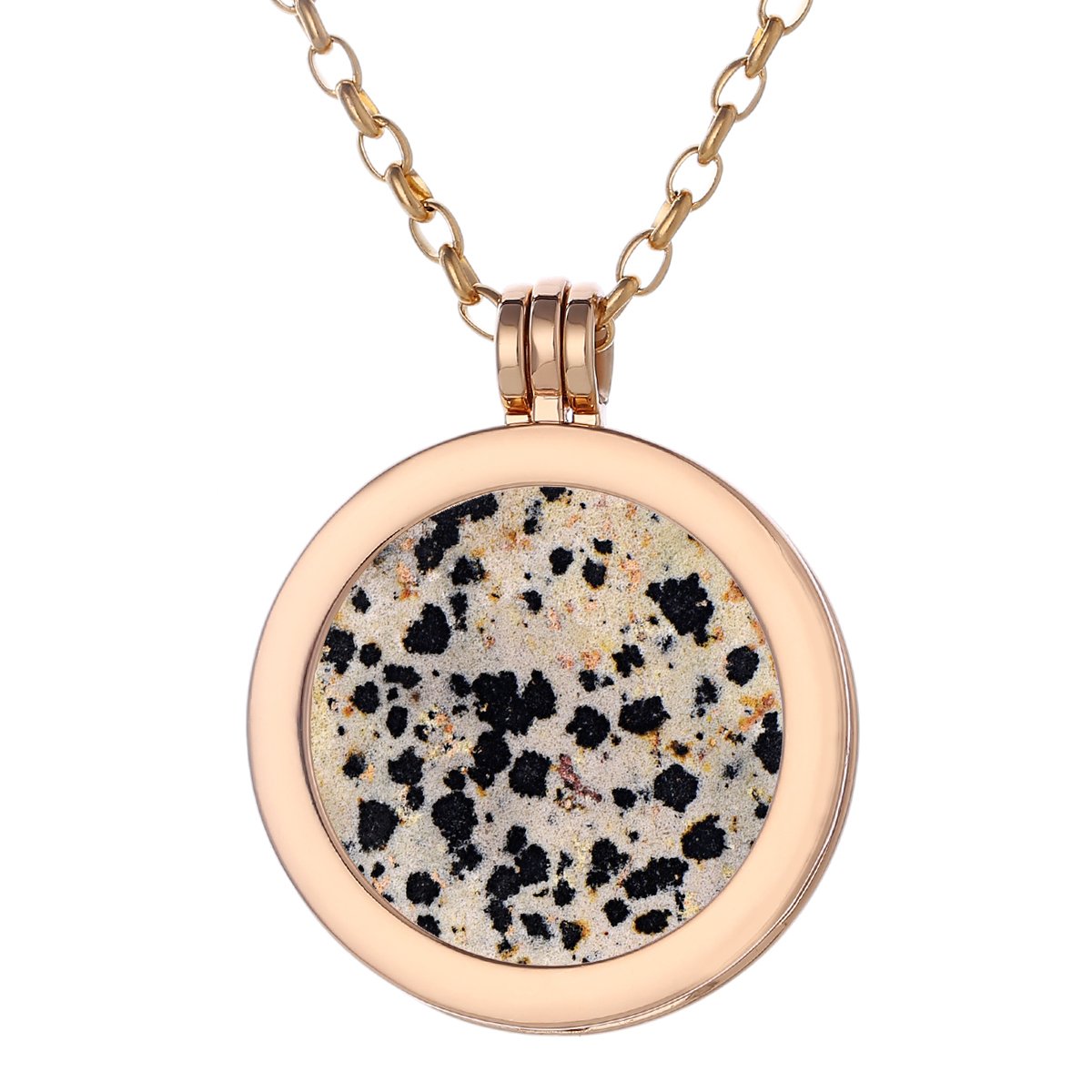 Morella Women Necklace 70 cm 27.5" Stainless Steel Gold and Pendant with Gemstone Dalmatian Jasper Coin 33 mm 1.3" Chakra Plate in Velvet Bag