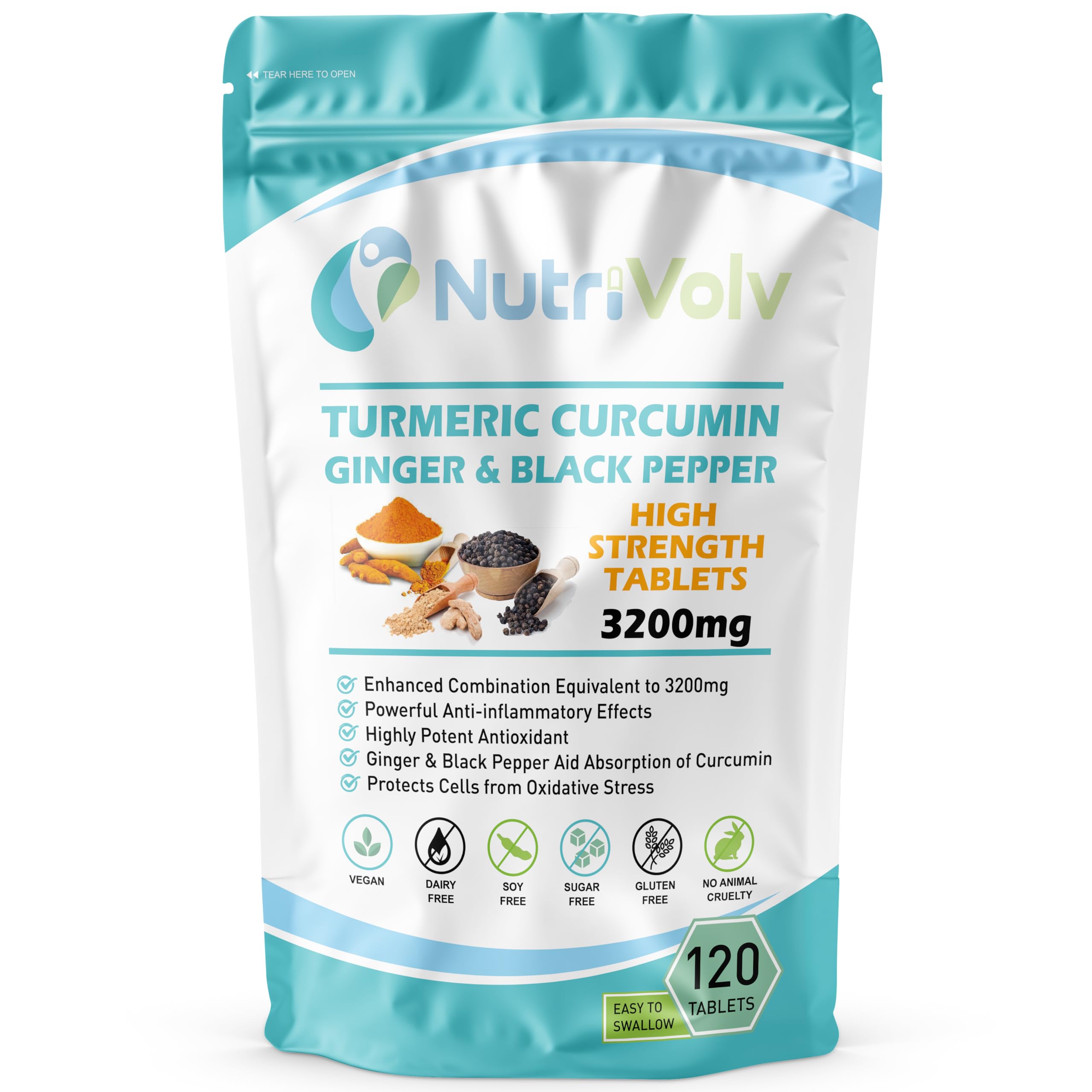 Nutrivolv Turmeric Curcumin 3200mg with Ginger & Black Pepper for Enhanced Absorption | High Strength | Organic | Vegan 120 Tablets | Joint Support, Inflammation & Pain Relief