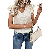 WDIRARA Women's V Neck Ruffle Cap Sleeve Blouse Casual Tops Summer Shirt