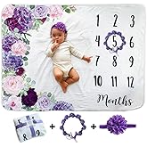 Baby Monthly Milestone Blanket | Includes Floral Wreath & Headband | 1 to 12 Months | Extra Soft Fleece | Best Photography Backdrop Photo Prop for Newborn | Baby Girl