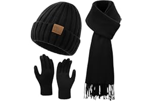 Passionbility Winter Beanie Hat Scarf Gloves Set for Women, Warm Knit Skull Cap Long Scarf Touchscreen Fleece Lined Gloves
