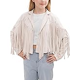 Noomelfish Girls Fringe Faux Suede Leather Jackets Kids Western Tassels Motorcycle Cardigan Cropped Coats (5-14 Years)