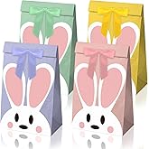 JarThenaAMCS 36Pcs Easter Bunny Party Favor Bags Pastel Rabbit Paper Treat Bags with Ribbon Bow Stickers Candy Goodie Bags for Spring Birthday Baby Shower