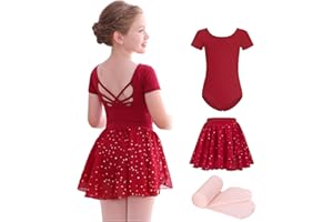 MdnMd Girls Ballet Leotards Combo with Tights Skirt Removable Toddler Ballerina Dance Dresses Soft Outfit Short Sleeve
