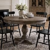 DM Furniture 47" Round Dining Table with Wooden Pedestal Base, Reclaimed Pine Wood Dinner Table for 4, Heavy Duty Pedestal Table for Kitchen/Dining Room/Living Room/Restaurant, Weathered Brown
