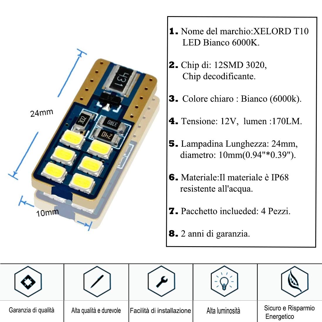 XELORD T10 W5W LED CANBUS no error cuneo lampadine 194 168 6000K Bianco 12V Per Auto Interni Luce Targa Luce di Posizione, Luce di Indicatore Laterale Replacement,4 Pezzi