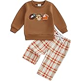 COORALLY Toddler Baby Boy Thanksgiving Outfit Turkey Embroidery Long Sleeve Sweatshirt and Plaid Pants Set