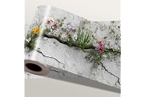 IOHEFY Stone Wall Wildflower Wallpaper Border 196x4 Inch Removable Wall Border Peel and Stick Climbing Vine Floral Design for Bedroom Bathroom Living Room Trim Decor Cottage Garden