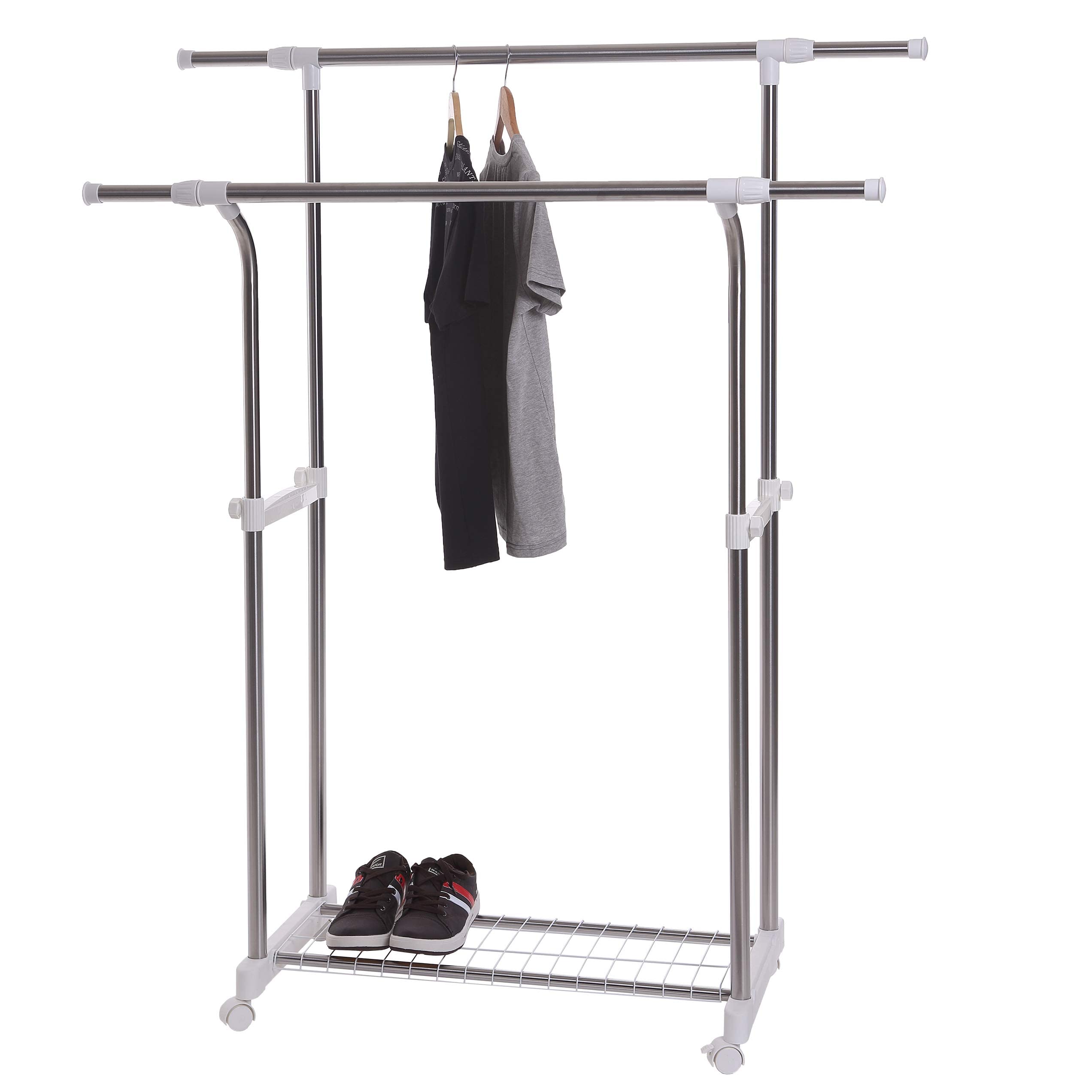Hyfive Clothes Double Hanging Rail Adjustable Extendable Storage Hanging Rail Rack Robe Includes Shoe Rack, Two Hanging Rails