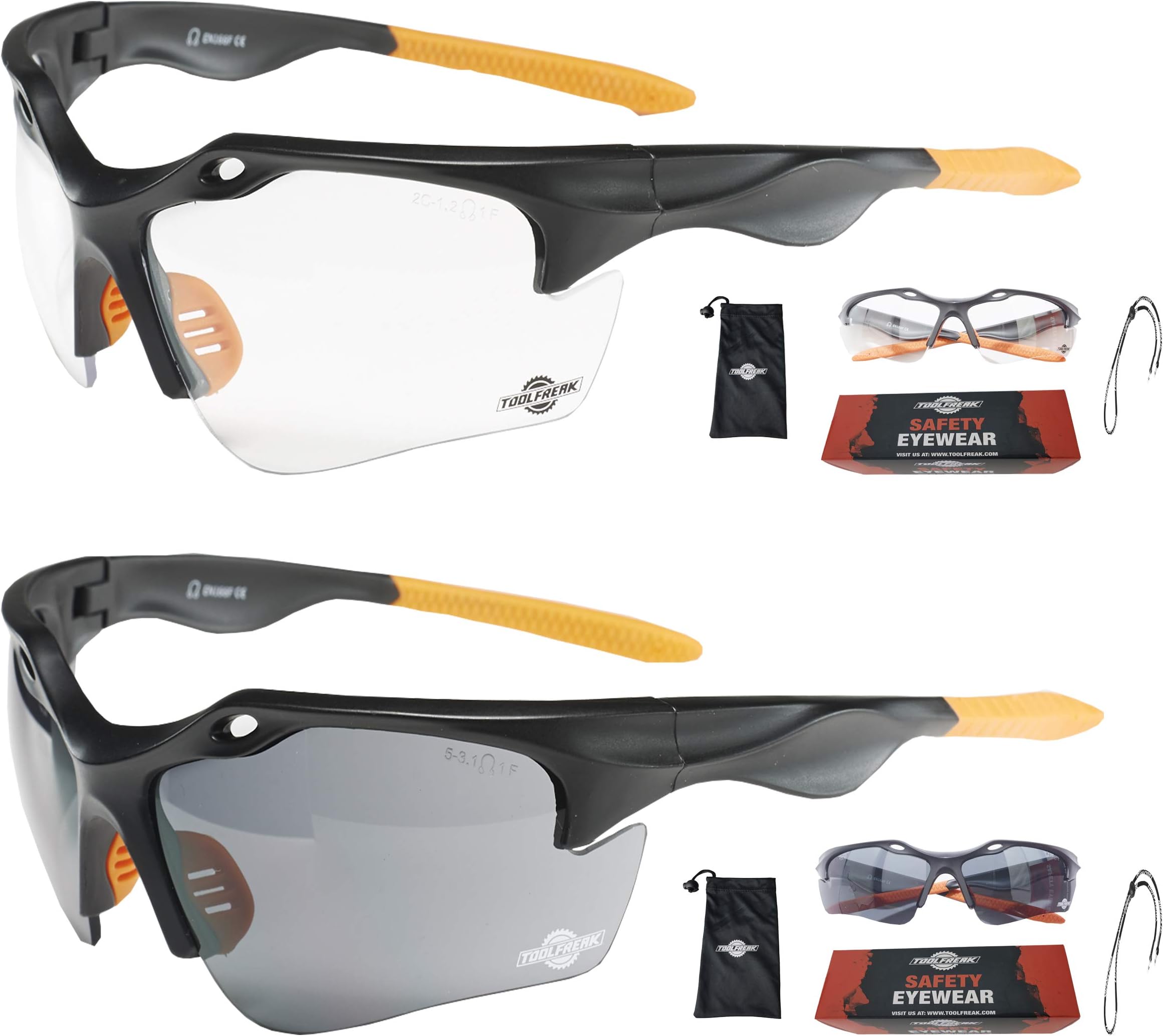 ToolFreakFinisher Safety Glasses Bundle Offer, Clear and Smoke Polycarbonate Lens, Wraparound Lenses with UV and Impact Rating,Neckcord and Carry Pouch