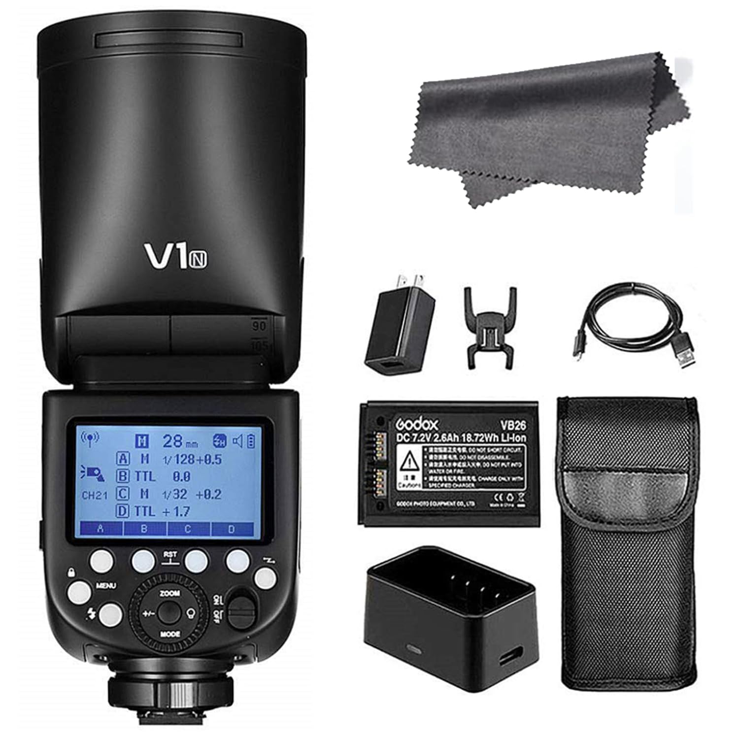 Godox V1-N TTL Round Head Flash for Nikon, 2.4G 1/8000 HSS Speedlite, 480 Full Power Shots,1.5s Recycle Time,2600mAh Li-ion Battery,10 Levels LED Modeling Lamp, Compatible with Nikon Cameras