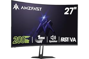 Amzfast 27 inch 200Hz Curved Gaming Monitor, FHD 1080P Computer Monitor with Built-in Speakers, MPRT 1ms with Fast VA Panel | 130% sRGB, 3000:1,1500R | 12 Months Warranty Exchange