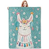 VANZEV Llama Blanket,Cartoon Cute Animal Flannel Throw Blankets,Soft Warm Lightweight Cozy Plush White Llama with Floral Throws for Bedroom Sofa Home Decor Gifts for Adults Kids 50"x60"