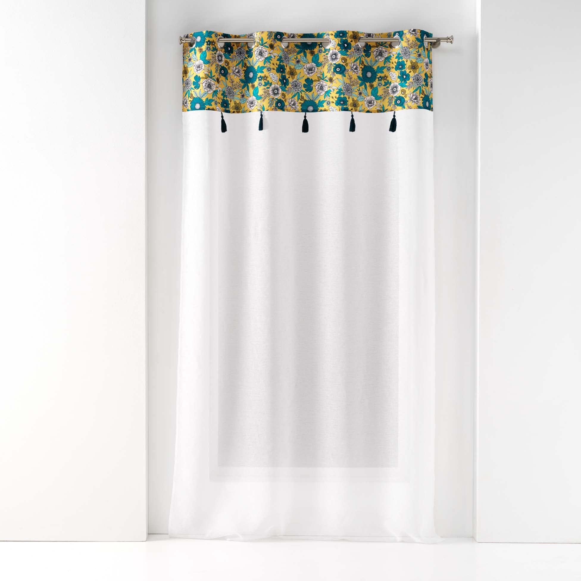 Douceur d'Intérieur, Eyelet Curtain 140 x 240 cm Sandblasted Top Print and Pompom Bohoflora Yellow