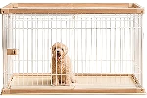 IRIS USA, INC. IRIS USA Large Dog Crate, Dog Kennel Indoor with Sliding Door & Bottom Tray, Dog Cage, Wire Pet Pen with Bottom Tray, Stylish Wood-Like Trim, Light Brown