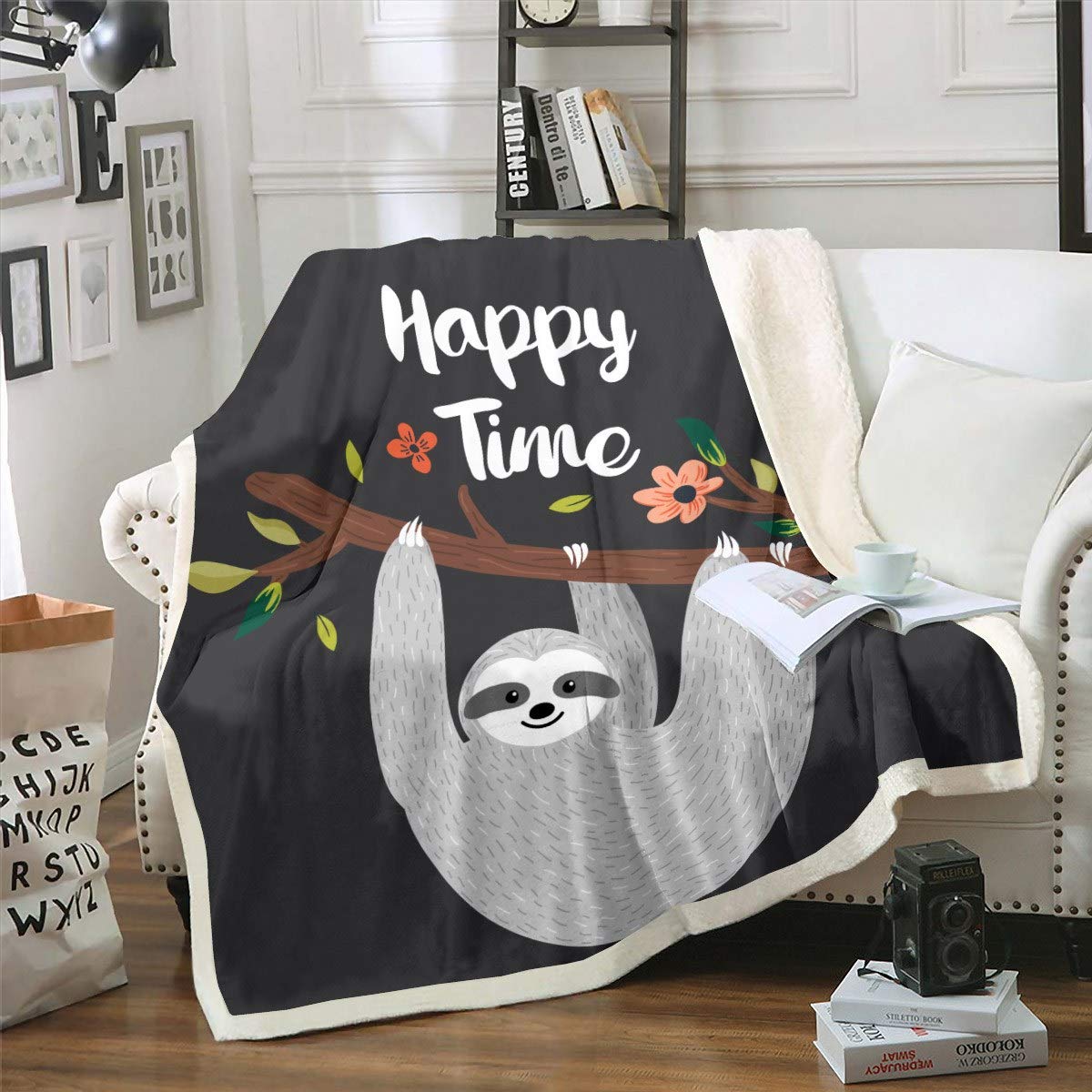 Loussiesd Cartoon Sloth - Cute Animal Pattern With Tree Branches and Floral Flowers - Sherpa Throw for Couch, Travel, Sofa - Room Decor Fuzzy Plush Double 60"x79" — image 1