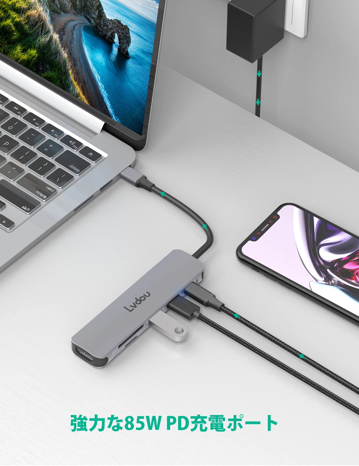 2025高機能版 USB C ハブ 6-in-1 Lvdou アダプタ｜100W PD充電対応・4K 60Hz HDMI・MicroSD/SDカードリーダー搭載｜MacBook Pro/Air, iPad Pro, iPhone 15/16, Surface Pro, Switch2/Switch, Galaxy Book, Chromebook対応 ノートPC/タブレット用