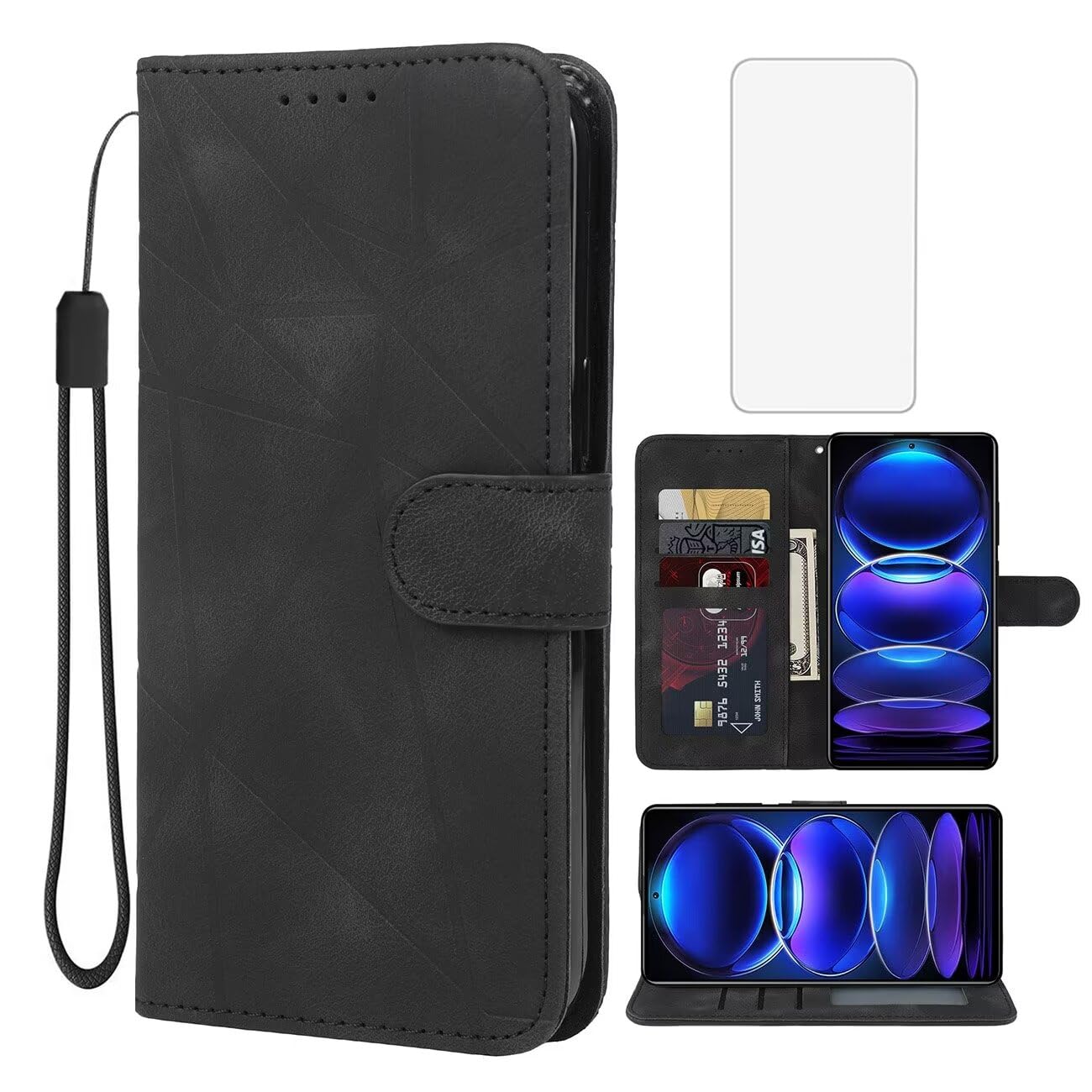 Wanyuexes Case for Redmi Note 12 Pro Plus 5G/Redmi Note 12 Explorer Wallet Case with Tempered Glass Screen Protector, Leather Flip Credit Card Holder Stand Cover for Xiaomi Redmi Note 12 Pro+ 5G Black
