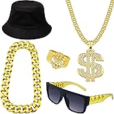 KIDOFLY 80s 90s Hip Hop Costumes Kit Rapper Accessories Outfit, Fake Gold Chain Dollar Sign Chain Ring Twist Leg Punk Sunglasses Bucket Hat for Man Women Halloween Party