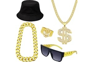 KIDOFLY 80s 90s Hip Hop Costumes Kit Rapper Accessories Outfit, Fake Gold Chain Dollar Sign Chain Ring Twist Leg Punk Sunglasses Bucket Hat for Man Women Halloween Party
