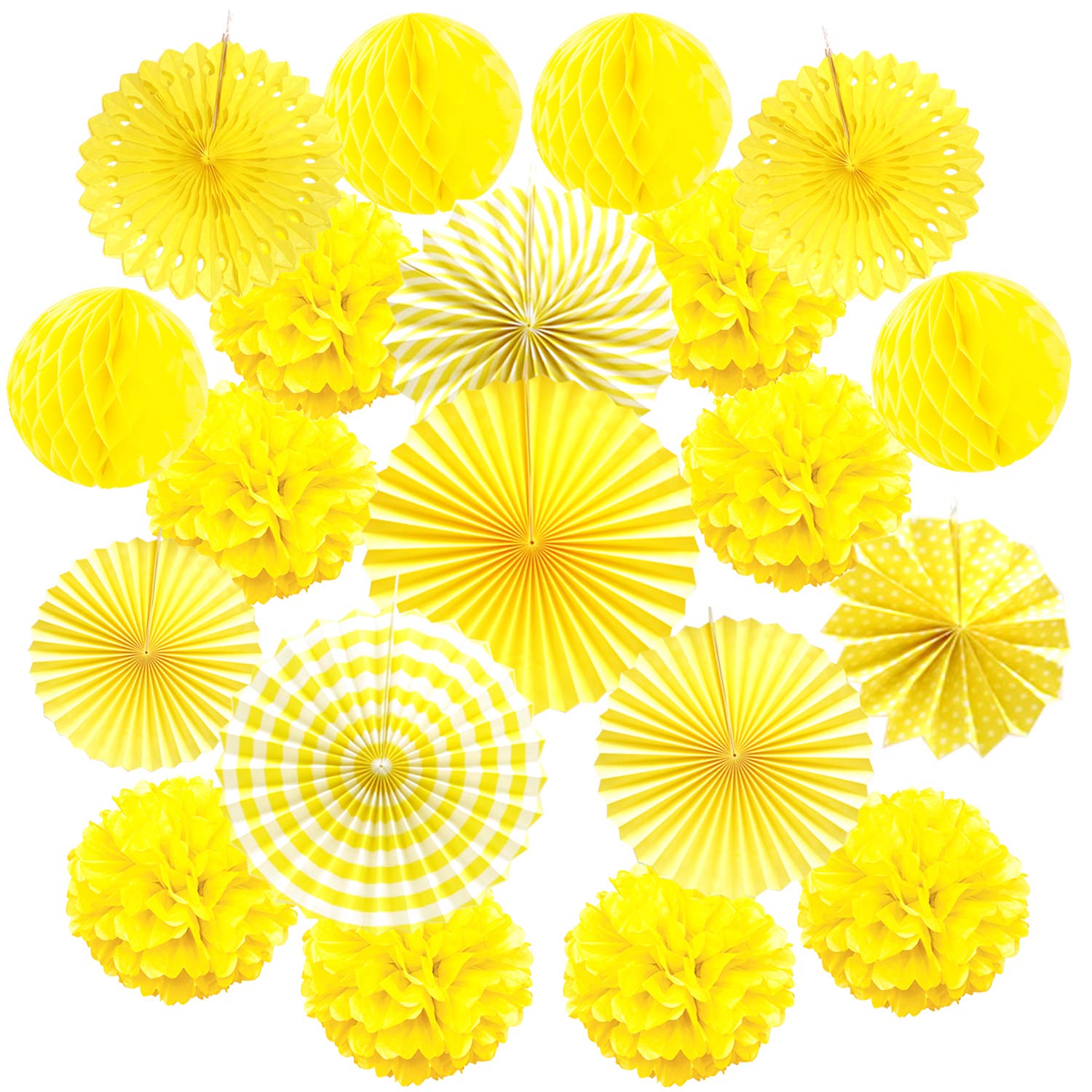ZERODECO Hanging Paper Fan Set, Tissue Paper Pom Poms Flower Fan and Honeycomb Balls for Birthday Baby Shower Wedding Festival Decorations - Yellow