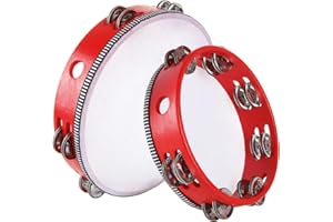 SENENQU 2 Pack Tambourine 8 & 10 Inch Tambourine Drum for Adults, Double Row Metal Jingle Bells Wood Handheld Tambourines Musical Percussion Instrument for Party, KTV, Church, Red