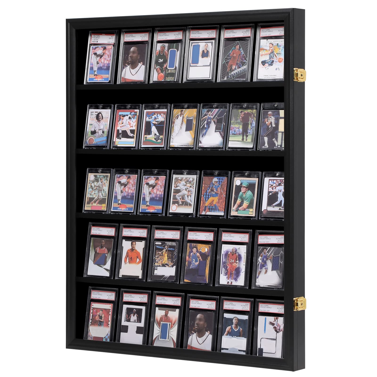 VERANI 35 Baseball Card Display Case - Graded Sports Card Display Frame - Holds Sport Cards with UV Protection Clear View Lockable Wall Cabinet for Football Basketball Hockey Trading Card Large Black Image
